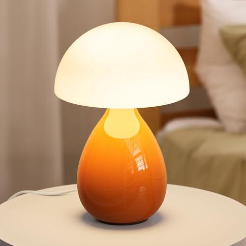 Mushroom Lamp, Mini Modern Lamp Small Vintage Table Bedside Nightstand Light, Small Light Dimmable for Bedroom, Living Room, Ceramic Base Glass Home Decor for Woman Children Gifts - color: White Orange