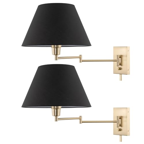 Kira Home Cambridge 15" Modern Swing Arm Wall Sconce + 3-Way Switch, 2-Pack - color: Cool Brass,Black Shade,2-Pack
