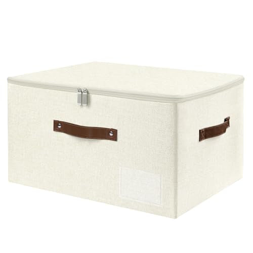 ANMINY Storage Box Fabric Bins with Zipper Lid, 17.7"x13.8"x10" Beige - color: Beige, size: Large (Pack of 1）