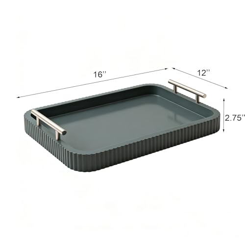 Rectangle Modern Wood Serving Tray with Metal Handles, High Gloss Gray Finish, 16x12 Inch Coffee Table Ottoman Tray for Storage and Display (Gray) - color: Gray