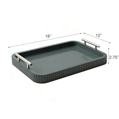 Rectangle Modern Wood Serving Tray with Metal Handles, High Gloss Gray Finish, 16x12 Inch Coffee Table Ottoman Tray for Storage and Display (Gray) - color: Gray