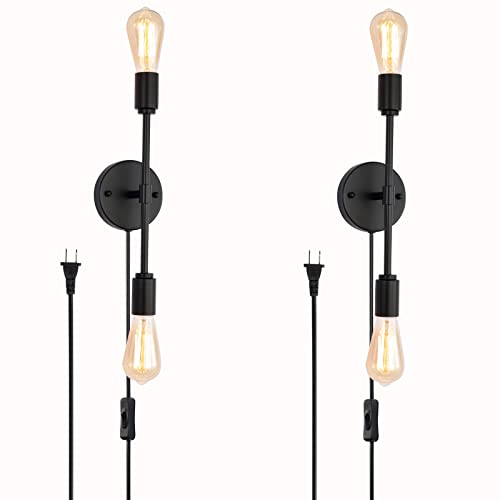 Black 2 Light Plug in Wall Sconce Set of 2 for Bathroom Farmhouse