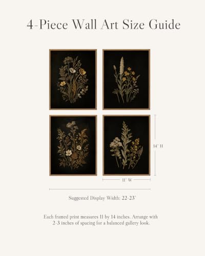 InSimSea Framed Botanical Wall Art, 4 Piece Moody Wildflower Prints - color: Dark Flora Triptych