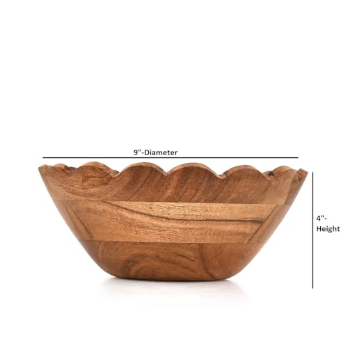 Salad Bowl Acacia Wood Elegant Scalloped Bowl Handcrafted for Salads, Fruits, – Stylish Wooden Kitchen & Tabletop Accessory (9" x 9" x 4")