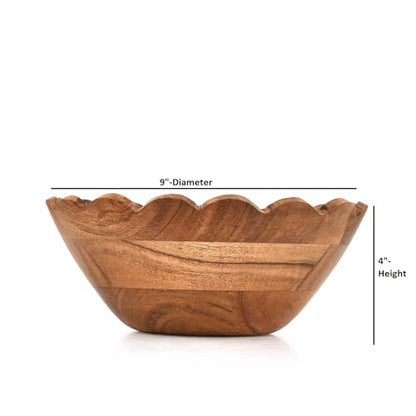 Salad Bowl Acacia Wood Elegant Scalloped Bowl Handcrafted for Salads, Fruits, – Stylish Wooden Kitchen & Tabletop Accessory (9" x 9" x 4")