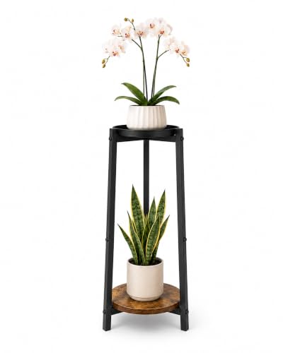 Bamworld Tall Plant Stand 30 Inch 2 Tier Metal Plant Stand with Wood Shelf - color: Brown, size: 2 Tier