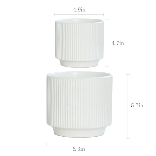 Ceramic 4.9+6.3 inch Planters, Modern Home and Office Flowerpot, Indoor and Outdoor Flowerpot with Drainage Hole (White) - color: White
