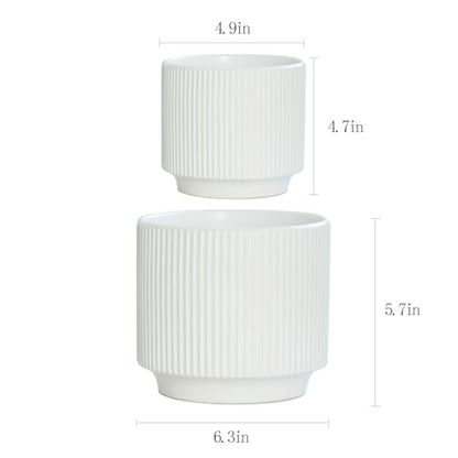 Ceramic 4.9+6.3 inch Planters, Modern Home and Office Flowerpot, Indoor and Outdoor Flowerpot with Drainage Hole (White) - color: White