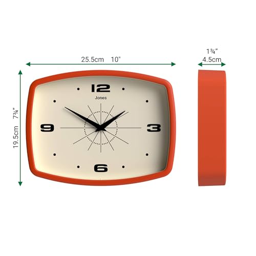 JONES CLOCKS® Movie wall Clock | Rectangular Retro Clock | 10" | Orange - color: Pumpkin Orange