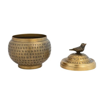 Round Hammered Metal Container with Bird Finial, Brass Finish - size: 6 inches (Diameter) x 7 inches (Height), style: Bird
