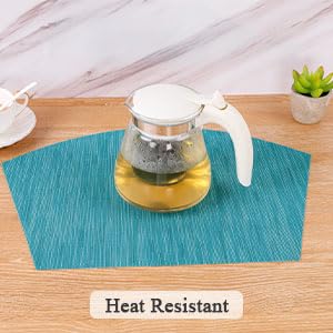 SHACOS Small Round Table Placemats Set of 5 Woven Vinyl Wedge Placemats with Centerpiece Round Table Mats Heat Resistant Wipe Clean (5, Teal Blue) - color: Teal Blue