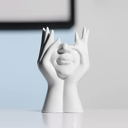 BrownLove Ceramic Face Vase White Flower Vase for Decor Female Form Face Vase Art Vase Modern Decorative Vase Centerpiece for Table Shelf Living Room Office Bedroom - style: Face Vase - Hands Over Face