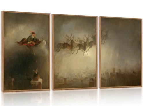 Aurlan 3 Pcs Santa Sleign Rides Framed Canvas Wall Art 16x24 Inch - color: Santa's Sleigh, size: 16"L x 24"W