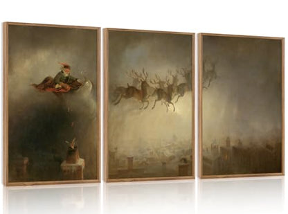 Aurlan 3 Pcs Santa Sleign Rides Framed Canvas Wall Art 16x24 Inch - color: Santa's Sleigh, size: 16"L x 24"W