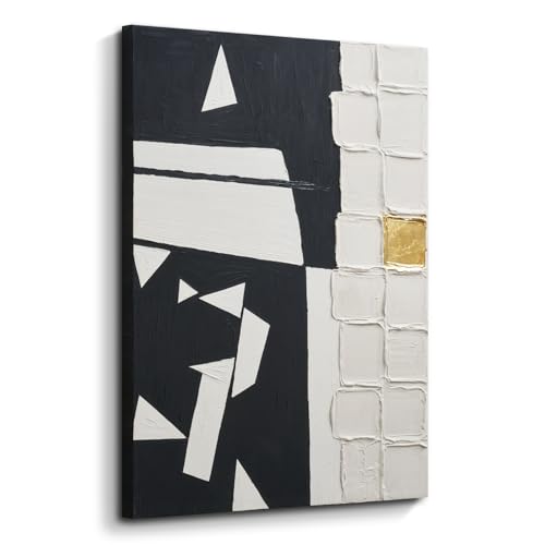 Modern Black & White Abstract 3D Textured Canvas Wall Art with Gold Leaf - color: Black White, size: 24"L x 36"W