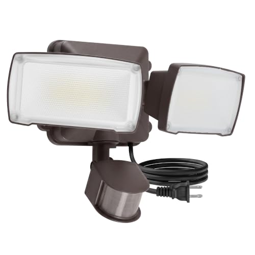 LUTEC 21W Plug in Motion Sensor Light Outdoor, Flood Lights Outdoor Motion Sensor,2500LM, 5000K Daylight,IP65 Waterproof,Adjustable 2 Heads Wall Light for Garage, Porch, Yard - Brown - color: Brown, size: 1 Pack
