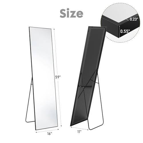 DUMOS 16"x59" Full Length Mirror with Stand, Full Body Floor Mirror - color: Black-rect Edge, size: 59"L x 16"W