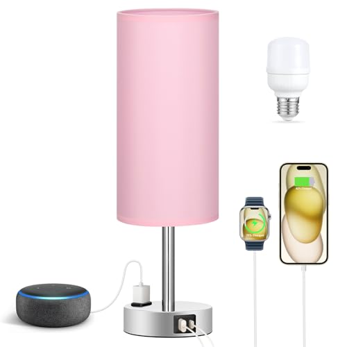 Fenmzee Pink Bedside Lamp for Bedroom, Dimmable Touch, USB A+C, AC Outlet - color: Pink - Silver, size: 14"