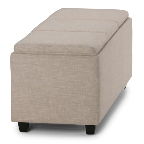 SIMPLIHOME Avalon 42" Wide Linen Look Fabric Storage Ottoman in Natural - color: Natural