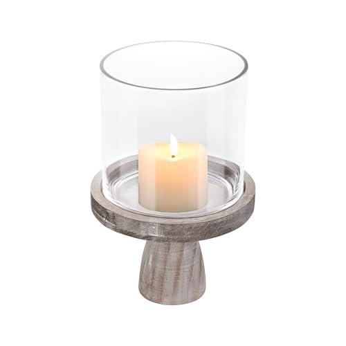 9" Wide Farmhouse Glass Hurricane Candle Holder & Glass Vase with Vintage Brown Sturdy Solid Wooden Base for Pillar & Flower Arrangement, Terrarium, Centerpiece, Console Table, Dining Table, Mantel - color: Rustic Brown, size: 9"x13.5"