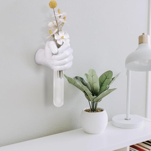 Creative Wall Hanging Sculpture, Funky White Hand Vases Home Decor, Artistic Hanging Hand Sculptures with Test Tube Vases, Unique Wall Art Statue - color: White