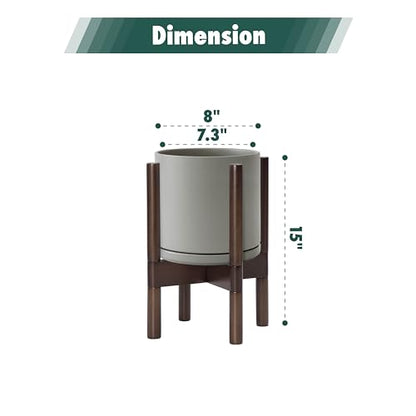 D'vine Dev Ceramic Pot with Walnut Wood Stand, Grey, 8 in, 55-B-Y-3 - color: Grey Pot + Walnut Color Stand, size: 8 Inch