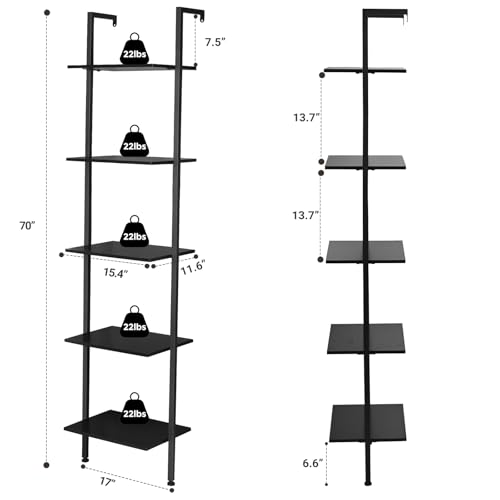 ELYKEN Ladder Shelf, 5-Tier Wood Wall Mounted Ladder Bookshelf - color: Black