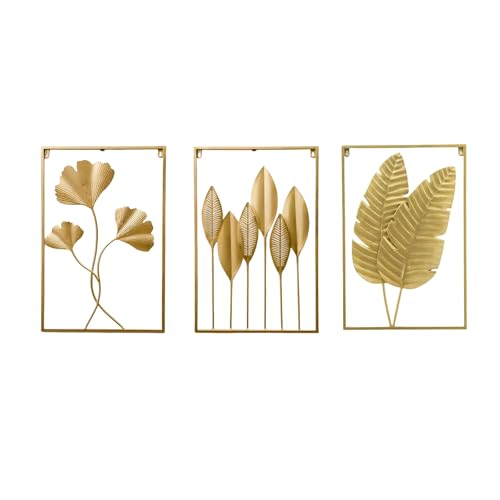 GSANMU Modern Metal leaf Wall Decor - 3 Pcs Yellow Large Hanging Wall Art Home Nature Decor for Indoor,Living Room, Office and Hotel 23.6×15.7 inch - color: Gold(leaf)