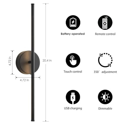 KARTOOSH Battery Operated Wall Sconces Set of Two Wireless Wall Lights - color: Black, size: 20.4 Inches