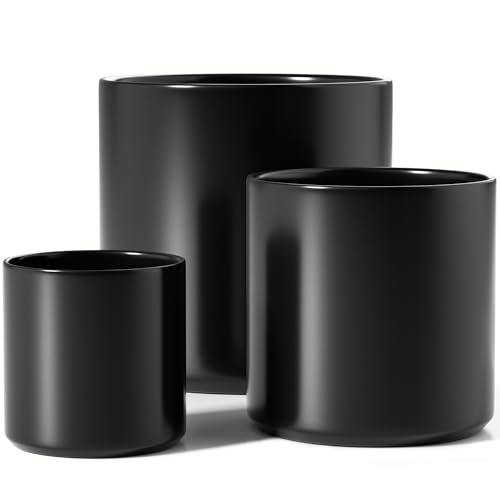 LE TAUCI 10+8+6 Inch Ceramic Pots for Plants, Indoor Planters with Drainage Hole and Plug, Modern Cylinder Flower Pots Set of 3 for Office and Living Room, Satin, Black - color: Black