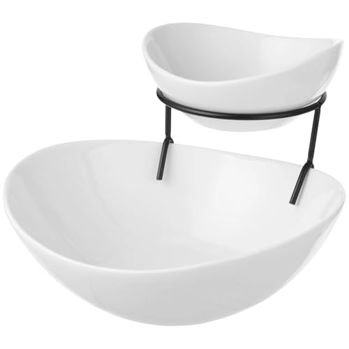 2 Tier Chip and Dip Serving Set, Chip and Dip Bowl with Metal Stand, Large Chip Bowl 45 oz, Small Dip Bowl 7 oz, Ceramic Appetizer Food Display Stand for Parties, Weddings