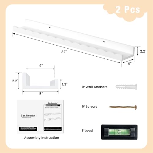 Fun Memories Scalloped Floating Shelves for Wall 32in, Solid Pine Wood Nursery Book Shelves, Kids Wall Shelves for Bedroom, Toddler Room Storage & Nursery Decor, Set of 2 - color: White, size: 32", Set of 2