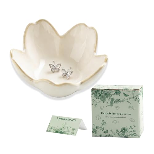 Mecaikru Ceramic Jewelry Tray, 3.5 in Flower Ring Dish with Gift Box & Card - color: white