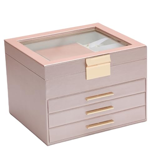 BOOVO Clear Lid Jewelry Box,3 Layers Jewelry Organizer Large Jewelry Storage Box with 2 Drawers,Jewelry Holder Organzier of Rings Earrings Necklace Bracelets for Women (Rose Gold, 4 Layer) - color: Rose Gold, size: 4 Layer