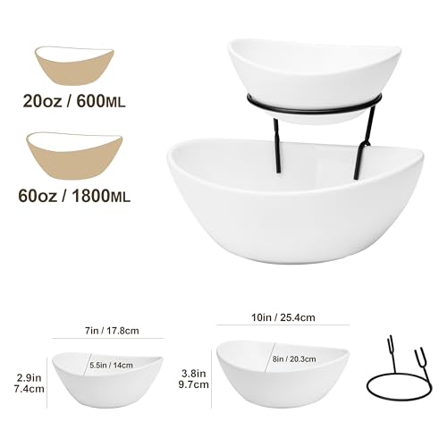 MALACASA 2 Tier Chip and Dip Serving Set with Metal Stand,Ceramic Appetizer Bowls for Party, Multi-Use Food Display for Fruits, Snacks,White Elegant Tiered Serving Dishes for Party - color: White