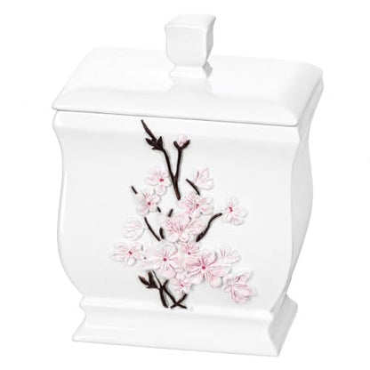 Creative Scents Vanda Qtip Holder - Cherry Blossom White Cotton Swab Balls Holder with Lid Decorative Resin Q-tip Holder Bathroom Canisters Vanity Countertop Storage - style: Cotton Ball Holder