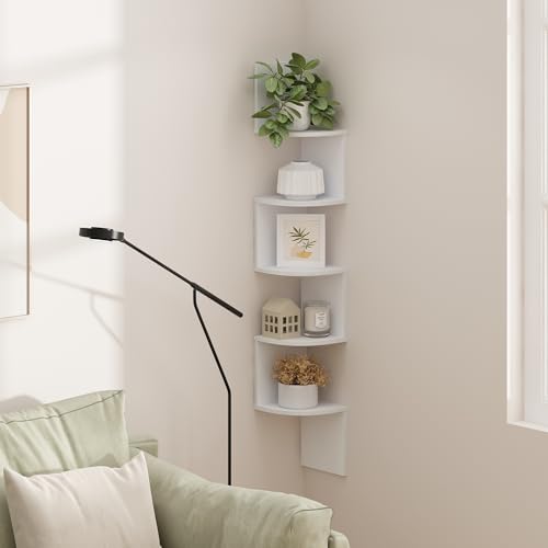 Furinno Rossi 5-Tier White Floating Corner Shelf for Wall, Corner Zigzag Shelf Wall Mounted, Radial Wall Mount Shelves, for Home Office, Living Room, Bedroom, Bathroom, Plain White - color: Plain White