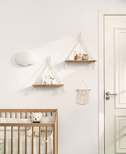 Mkono Macrame Hanging Shelves Boho Wall Decor Set of 2 Floating Wood Shelf - color: White
