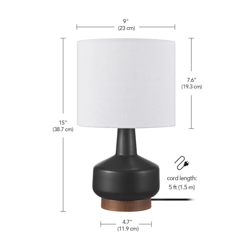 Globe Electric 15" Ceramic Table Lamp, Matte Black Base, Wood-Toned Accent, White Linen Shade, Dual Rotary Switch, Modern Bedroom or Office Lighting, 61000046 - color: Black