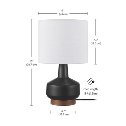 Globe Electric 15" Ceramic Table Lamp, Matte Black Base, Wood-Toned Accent, White Linen Shade, Dual Rotary Switch, Modern Bedroom or Office Lighting, 61000046 - color: Black