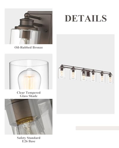 HWH Bathroom Lighting Fixtures Over Mirror 6 Light Oil-Rubbed Bronze Wall Vanity Lights with Clear Glass Shade, 5HLT63B-6W ORB - color: ORB, size: 6 Lights