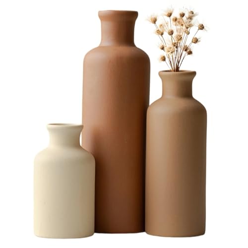 Modern Ceramic Vase Set of 3, Neutral Colors, Decorative Bottles for Home, Earth Tone Farmhouse Rustic Decor, Housewarming Gifts, Wedding Gifts, Birthday Gifts for Women(Coffee Mix) - color: Coffee Mix