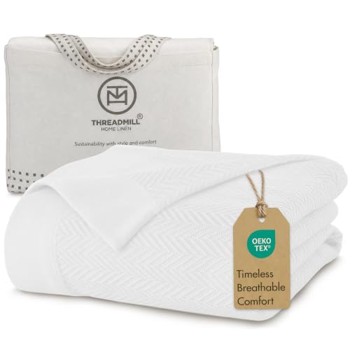 Threadmill Luxury 100% Cotton King Herringbone Blanket, Bright White - color: Bright White, size: King (106" x 92")