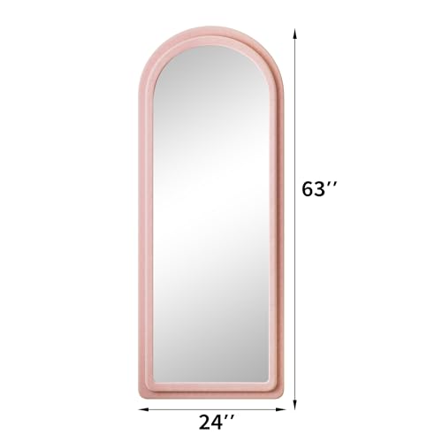 Floor Mirror, Full Length Mirror with Stand, 63"x24" Freestanding Arched Mirror Full Length Hanging or Leaning, Wall Mounted Mirrors with Flannel Frame, Large Mirrors for Bedroom (Pink) - color: Arched - Pink