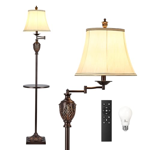 Traditional Floor Lamp with Tray, Remote Dimmable, 350° Swing Arm and Brown - color: Brown-1