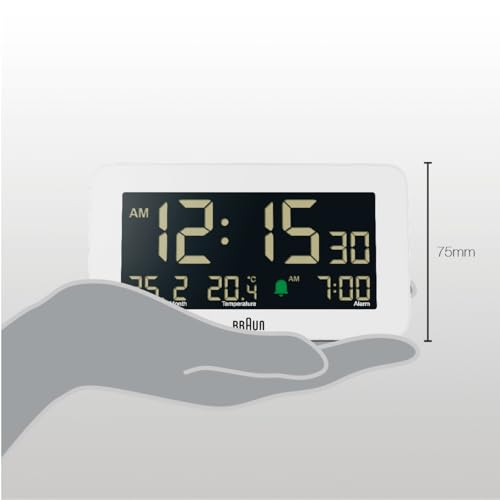 Braun Digital Alarm Clock with Date, Month and Temperature Displayed, Negative LCD Display, Quick Set, Crescendo Beep Alarm in White, Model BC10W. - color: White