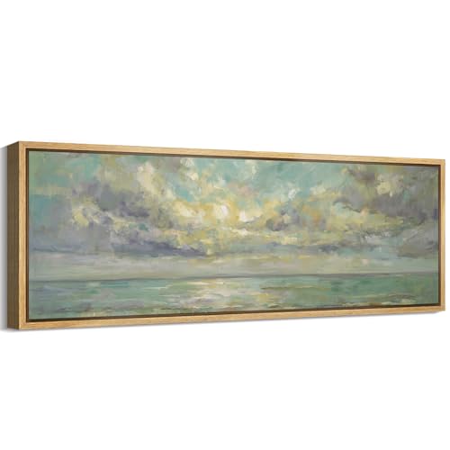 MUDECOR Large Framed Canvas Print Wall Art Serene Ocean Sunrise Horizon Soft Coastal Seascape Landscape Antique Retro Fine Art Illustrations Decorative Colorful for Bedroom - 60"x20" - color: A06-2603-m01, size: 60"L x 20"W