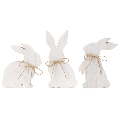 3 Pcs White Wooden Easter Bunny Signs with Jute Bows, Farmhouse Tiered Tray & Table Decor for Mantel, Desk, Spring and Easter Home Decoration