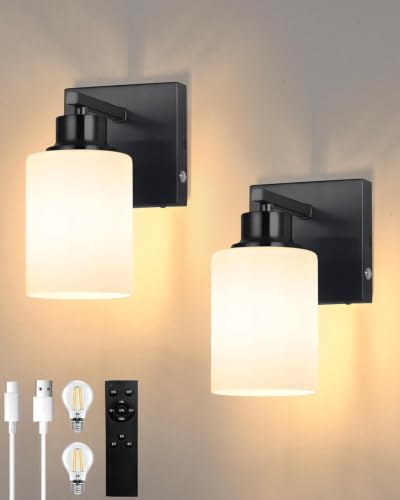 Wireless Battery Operated Wall Sconce Set of Two, Modern White Glass, Black | Dimmable, Easy Install Rechargeable Wall Lights with Timer Remote for Living Room Bedroom, Emergency 3000K - color: Black(White Lampshades)