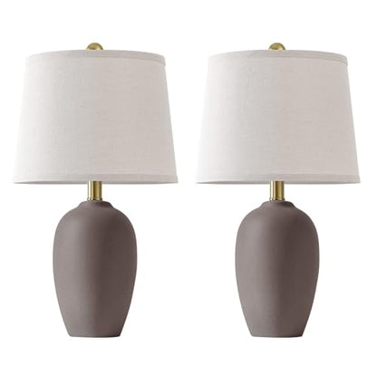 AIEAMPDO 21'' Set of 2 Farmhouse Ceramic Small Table Lamps for Living Room Bedroom, Nightstand Rustic Brown Desk Lamp for Bedside End Table Entryway, 2 LED Bulbs Included - color: Taupe